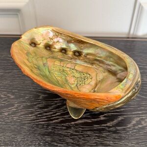 Vintage Abalone Shell Trinket Dish w/ Lucite Feet Iridescent